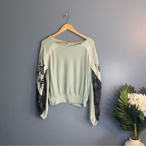 Free People Blue Mixed Floral Print Waffle Knit Sweater